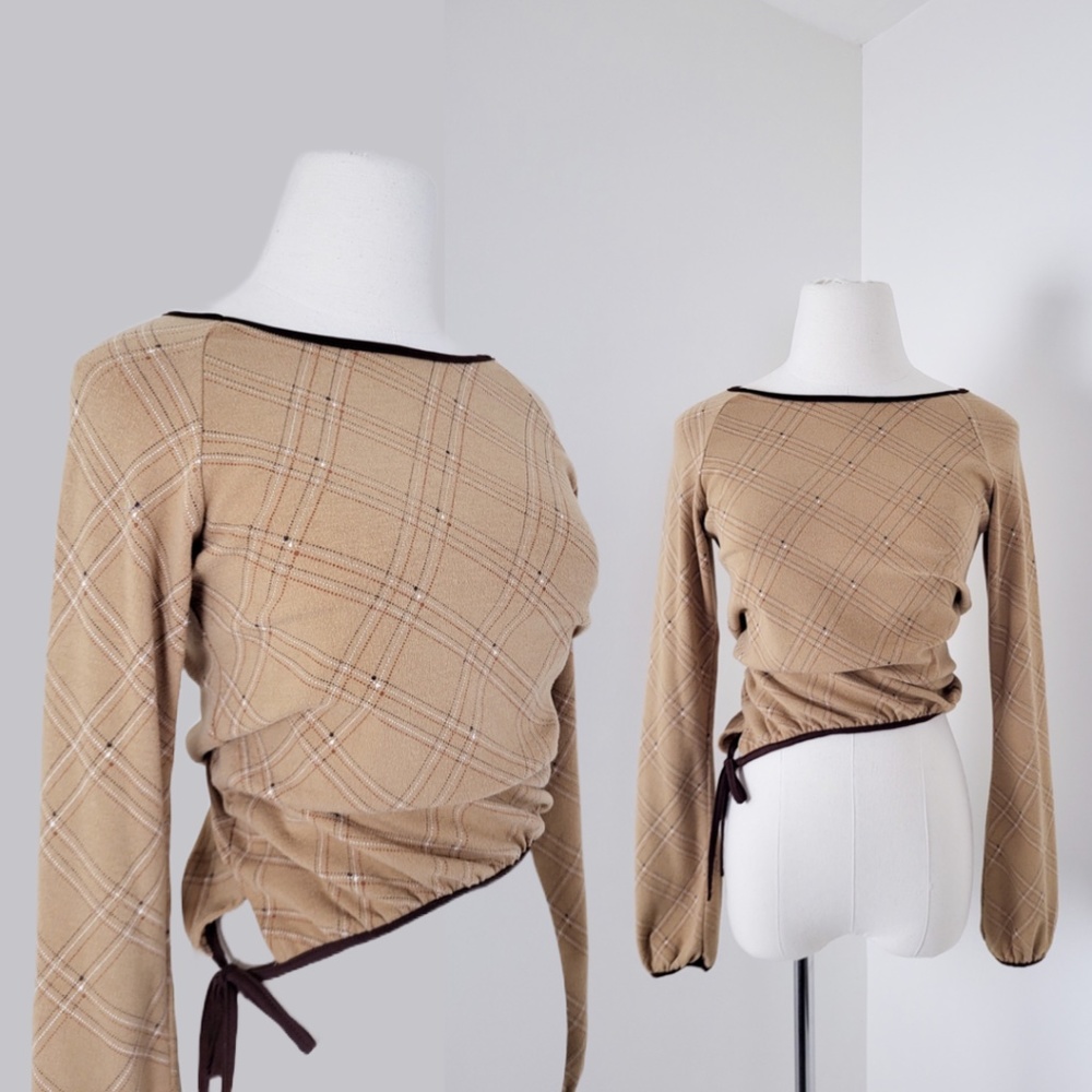 Vintage argyle balloon sleeve top crop cropped side tie asymmetrical high neck